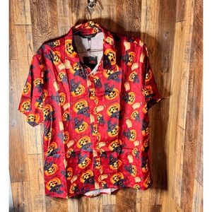 Halloween Shirt Men's Pumpkin Witch Hat Broom Short‎ Sleeve Button Up Red